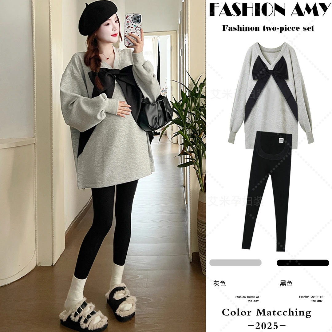 孕妇套装秋装新款时尚韩版宽松蝴蝶结中长款卫衣显瘦托腹打底裤子