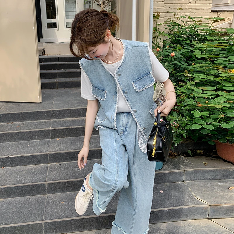 港风复古蕾丝拼接牛仔马甲套装女2025春季新款高级感直筒裤两件套