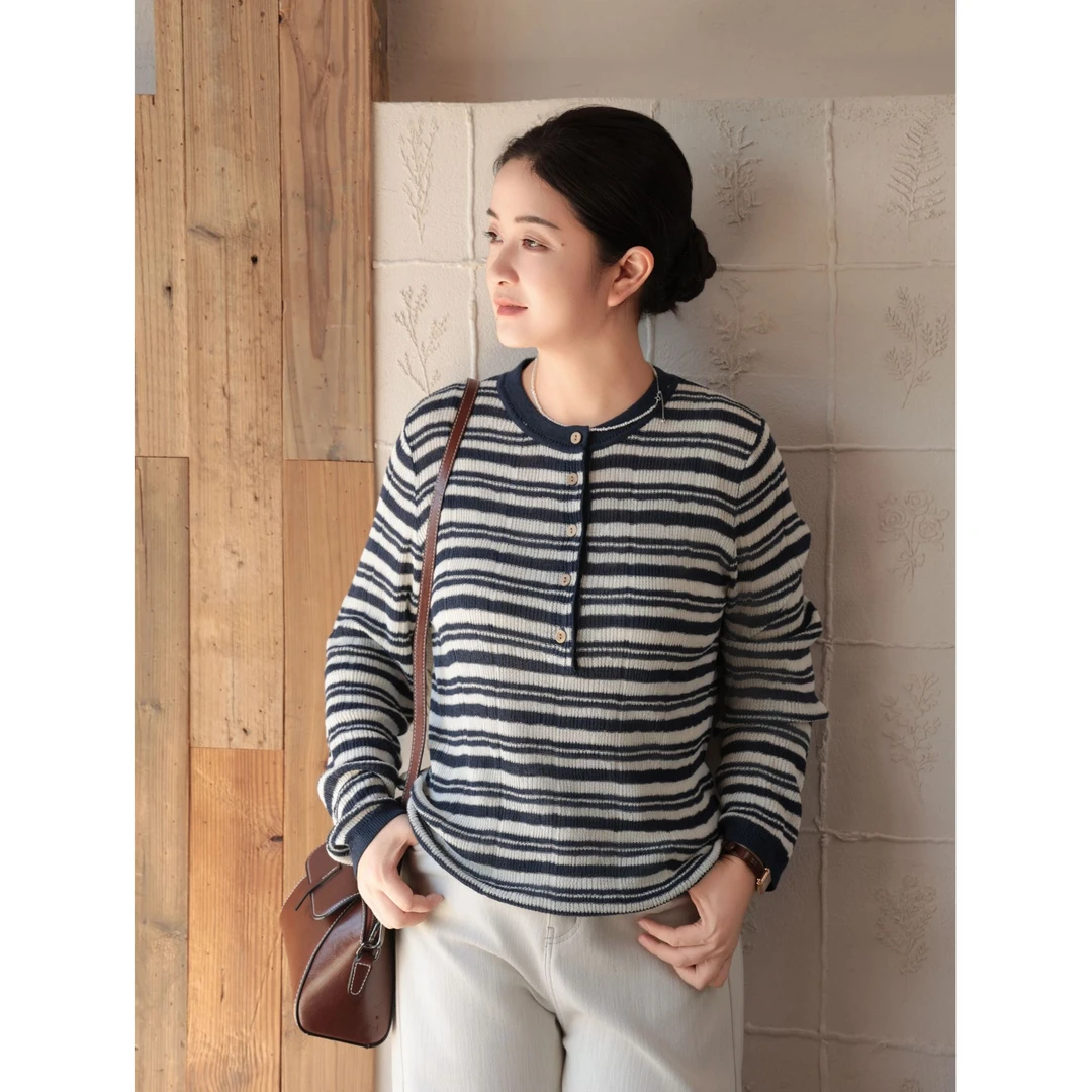 【海天一线·针织衫】汉麻条纹针织衫老钱提花圆领长袖FSY50856