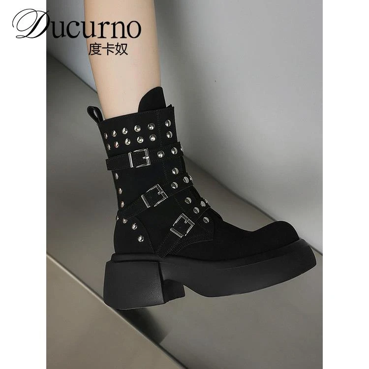 DUCURNO复古圆头小众设计感马丁靴女潮酷铆钉机车靴厚底骑士短靴