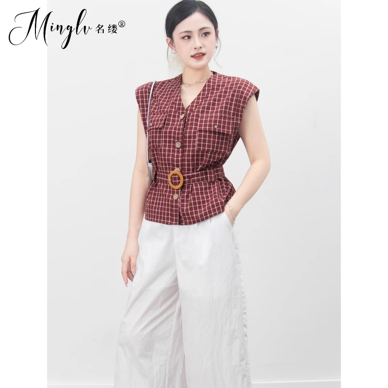 名缕轻奢韩系时尚套装女2025夏季新款复古格子收腰衬衫阔腿裤两件