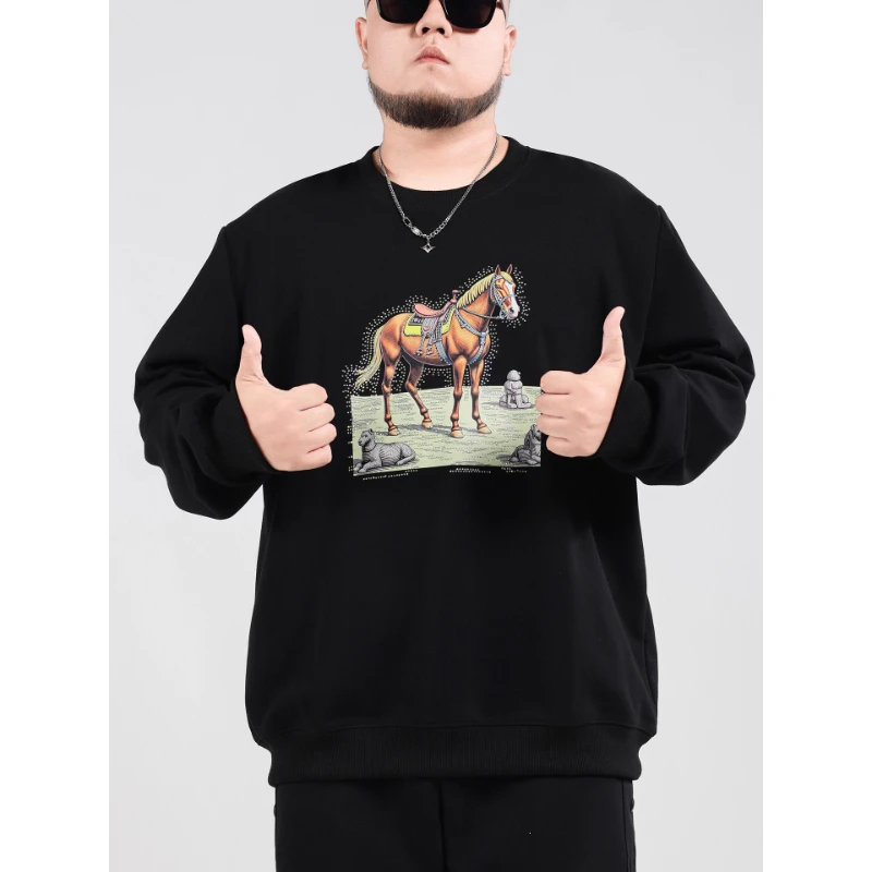 特大码加肥加大圆领套头长袖男春秋宽松卫衣加绒加厚印花华棉上衣