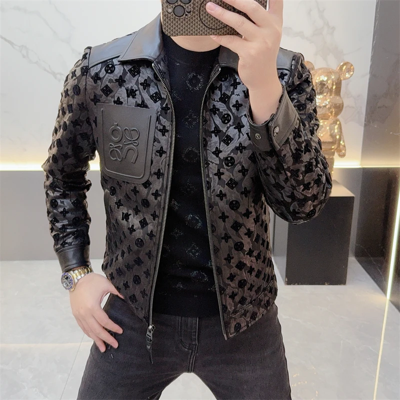 男士外套欧版新款男士秋款轻奢翻领拼色时尚潮牌休闲夹克外套潮流