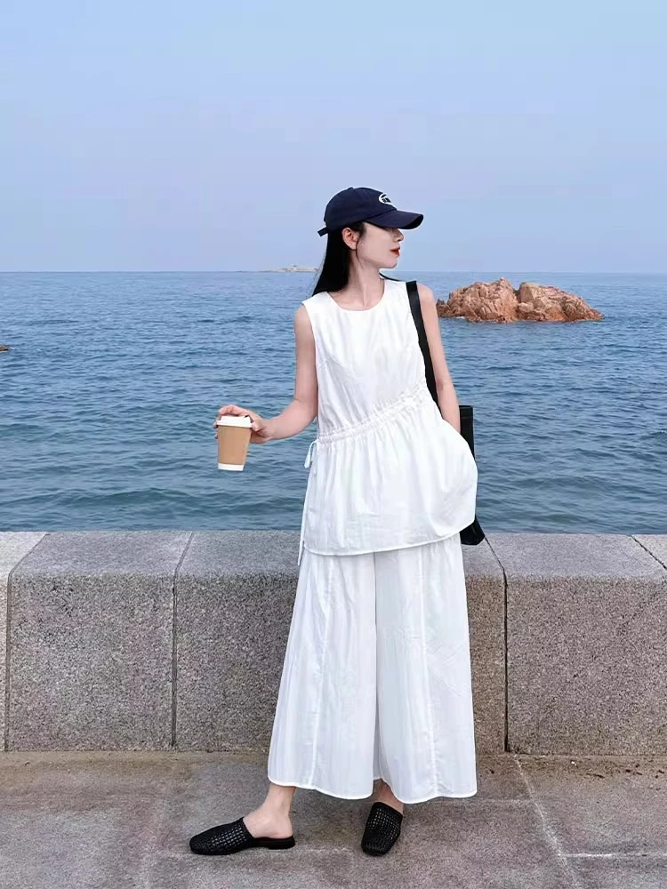 法式白色收腰无袖背心上衣套装女夏新款高级感高腰阔腿长裤两件套