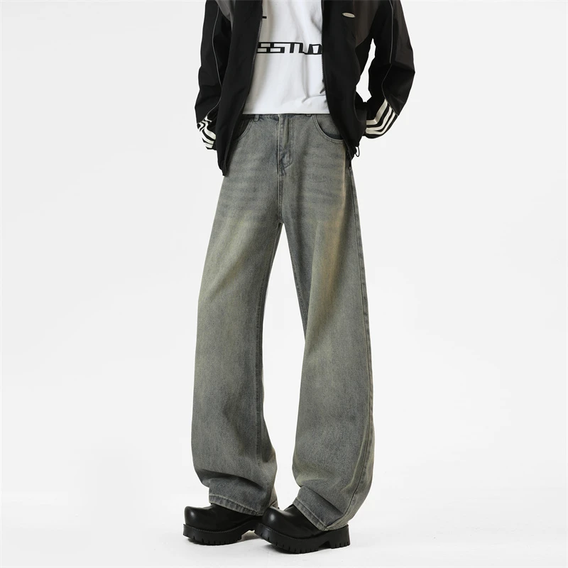 秋季复古弯刀牛仔裤做旧水洗美式宽松高级长裤cleanfit百搭休闲裤