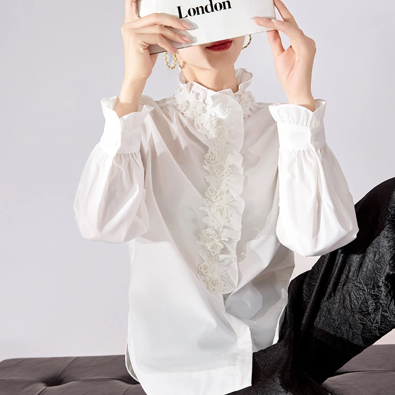 春季高端立体钉珠花朵设计上衣2025新款木耳花边领衬衫女装 MY113