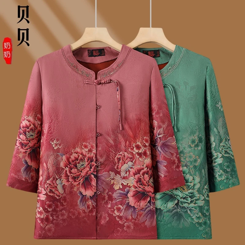 奶奶夏装中式国风盘扣七分袖衬衫女妈妈夏季小衫老年人薄款上衣服