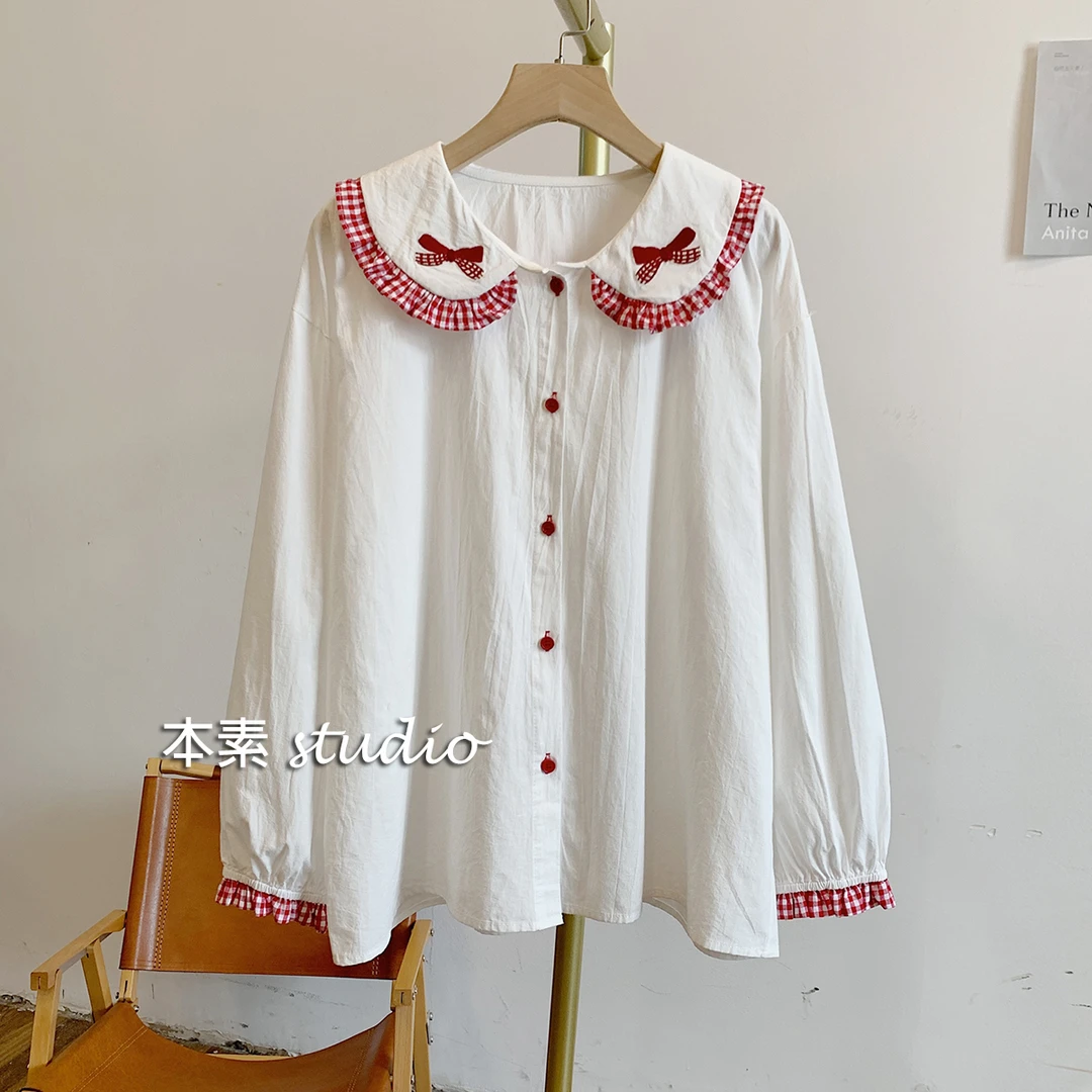 C3361娃娃领格纹拼接蝴蝶结刺绣全开扣衬衫