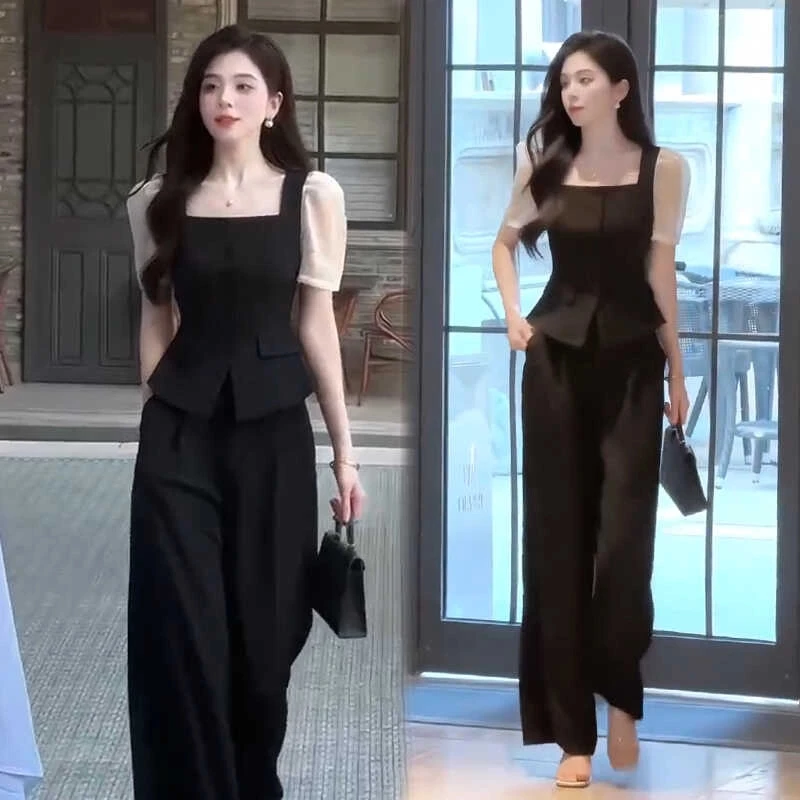 时尚套装女2025夏季新款今年流行设计感短款上衣显瘦阔腿裤两件套