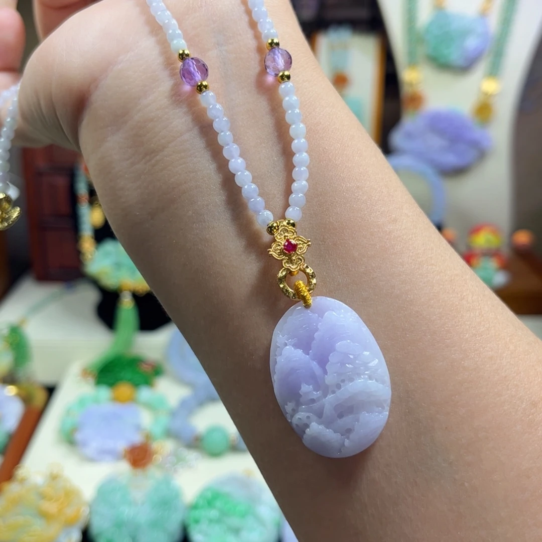 翡翠未镶嵌毛衣链冰紫山水