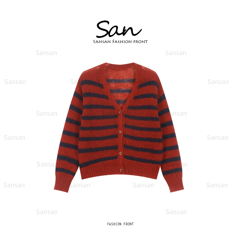 【SANSAN】复古条纹百搭拼色宽松气质减龄长袖外套DY-60123
