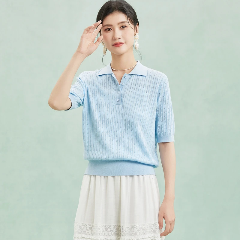 【含桑蚕丝绞花】POLO领春夏新款套头运动风女式针织衫W8532239