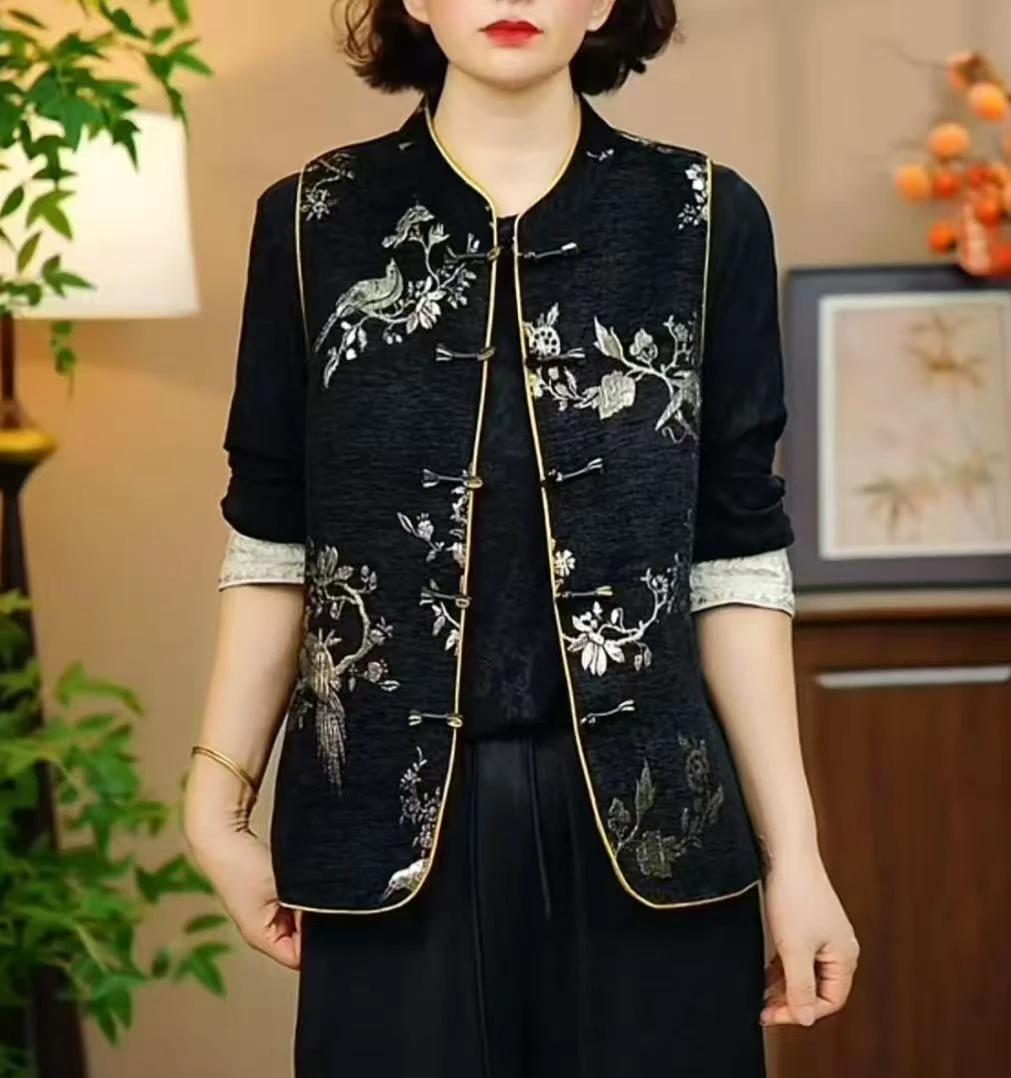 妈妈装春秋印花新中式国风马甲外套中老年女宽松无袖坎肩马夹上衣