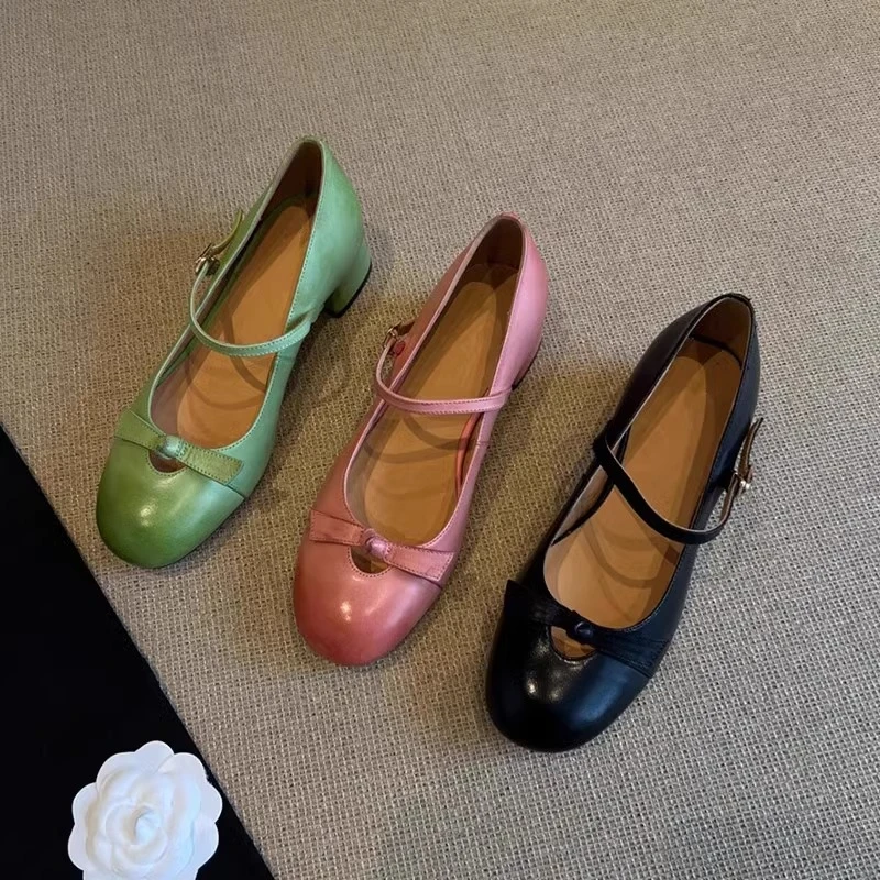 鞋子单鞋粗跟方头皮鞋复古夏季浅口百搭蝴蝶结欧风一字扣单鞋