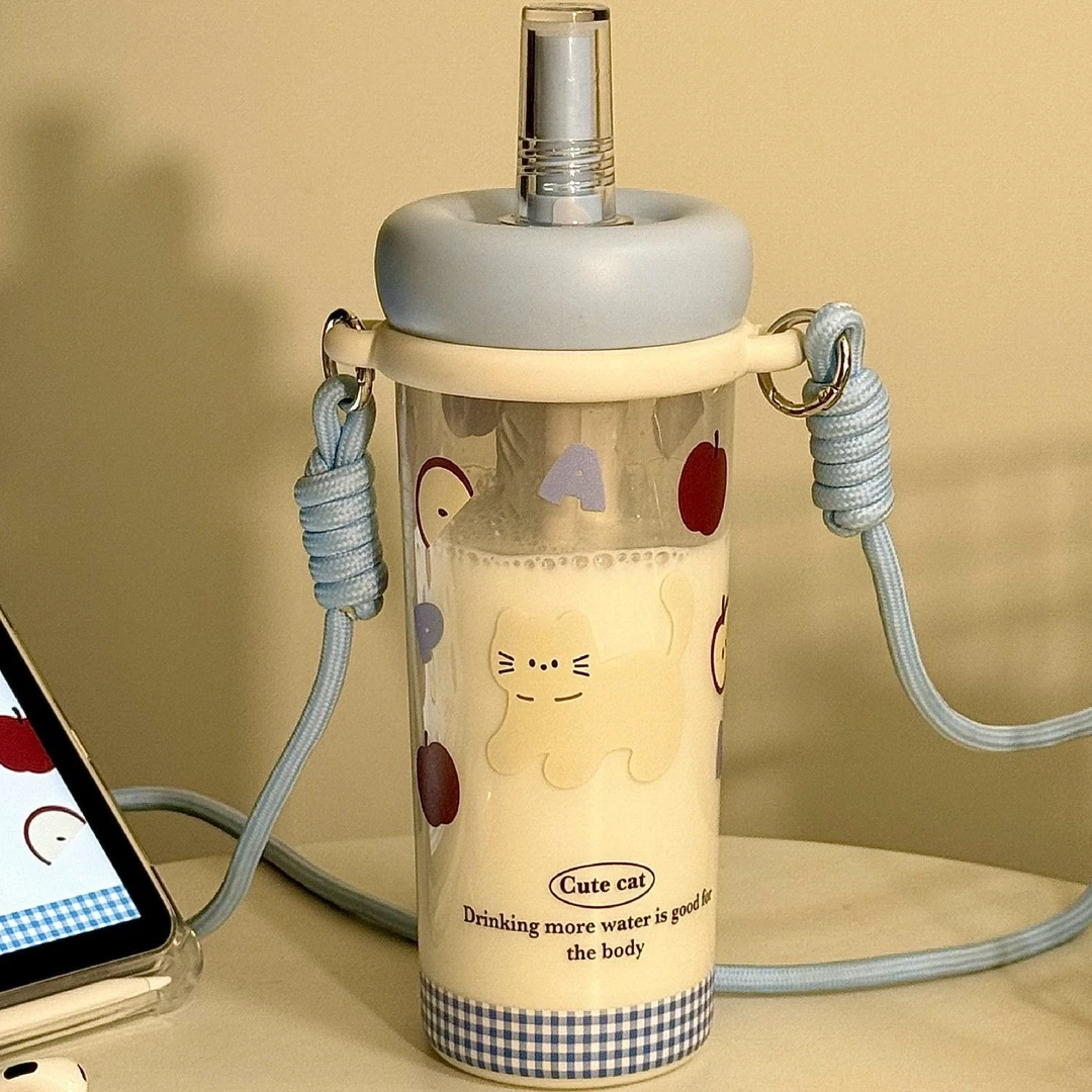 女生高颜值塑料花茶杯2025新款便携吸管学生校园可爱儿童卡通水杯