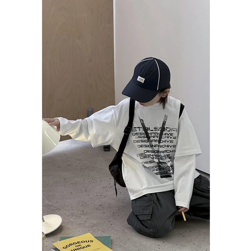 柒号童仓男童T恤长袖春秋款2025新款儿童假两件打底衫中大童上衣