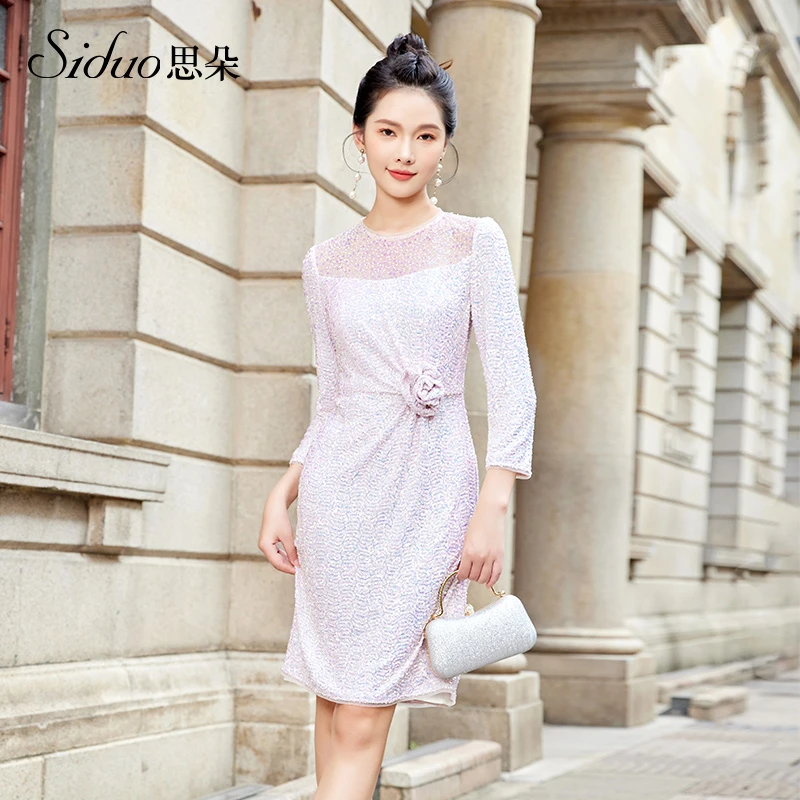 【芊彩艺】S24141礼服秋冬新款小众原创晚宴气质蕾丝亮片蝴蝶连衣裙