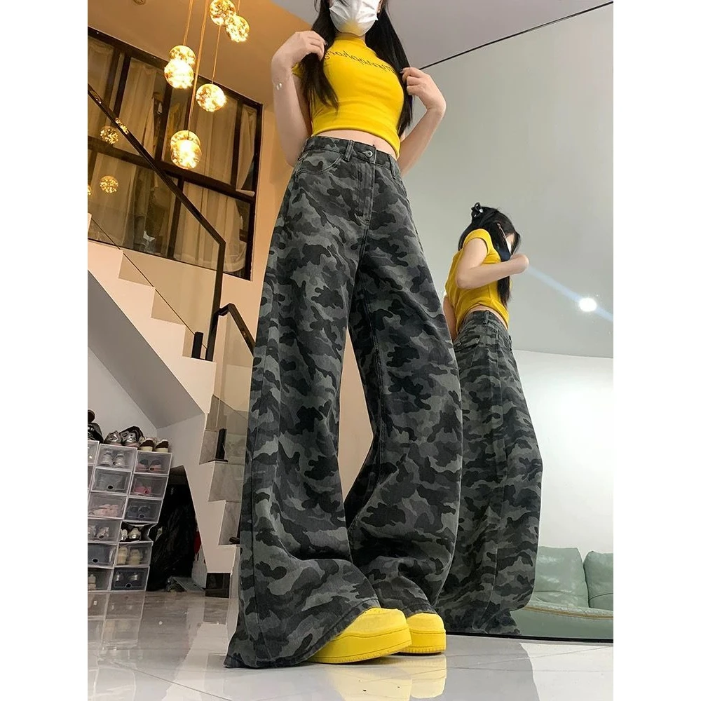 美式新款高街工装阔腿迷彩复古牛仔裤女高腰显瘦宽松直筒拖地裤子