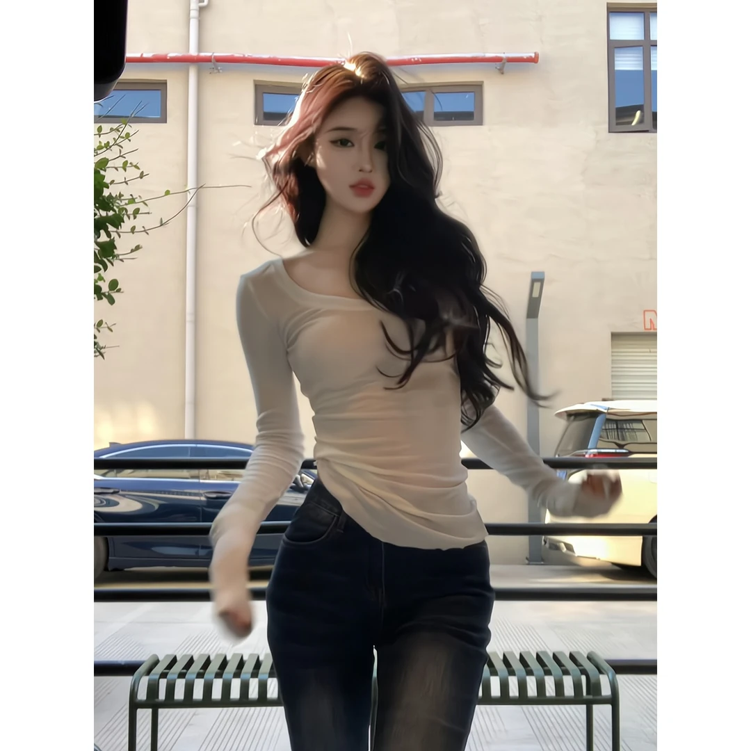 长袖t恤打底衫内搭修身显瘦收腰纯欲上衣微喇牛仔裤显瘦低腰裤子