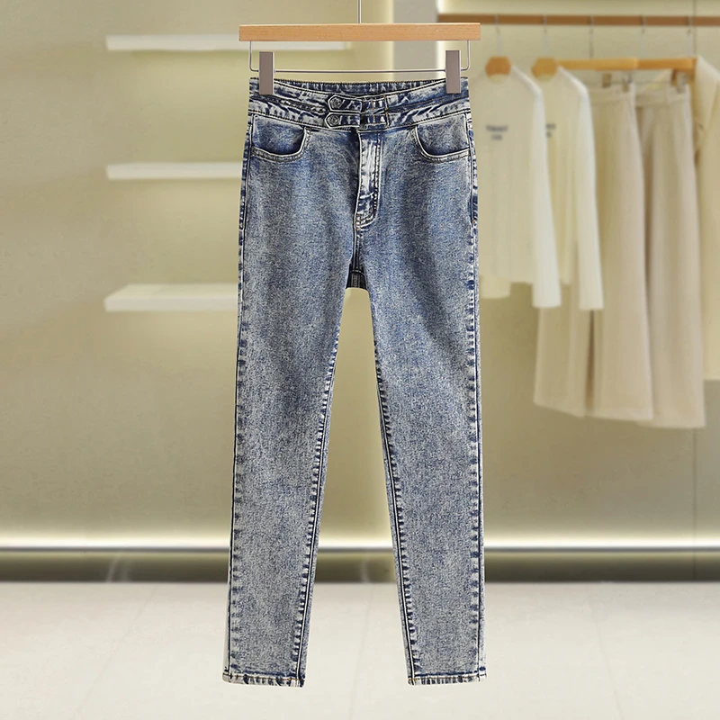 【伍莎-自营】韩版高腰紧身水洗小脚牛仔裤#VZA38Z016