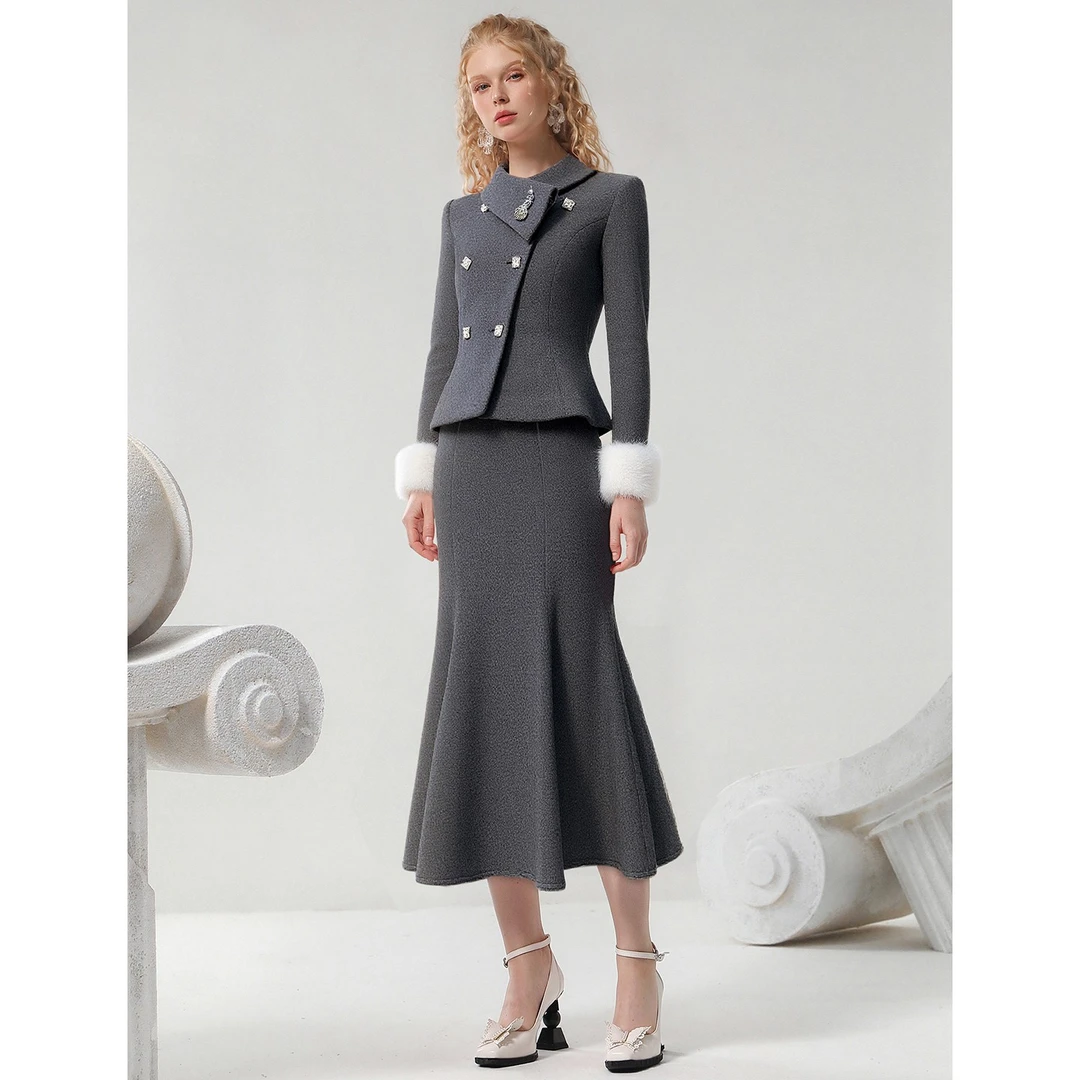 茬客早秋新款百褶裙赫本小香风轻职风时尚套装短裙CM640018AB