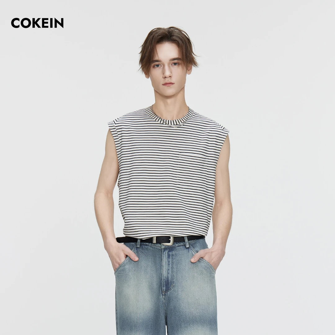 COKEIN背心男2025年夏季宽肩无袖上衣原创黑白条纹设计坎肩T恤潮