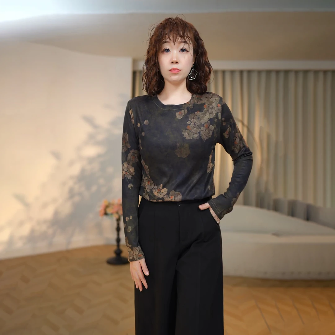 2025春秋新款百搭气质印花不褪色长袖毛针织衫圆领女装修身A0030