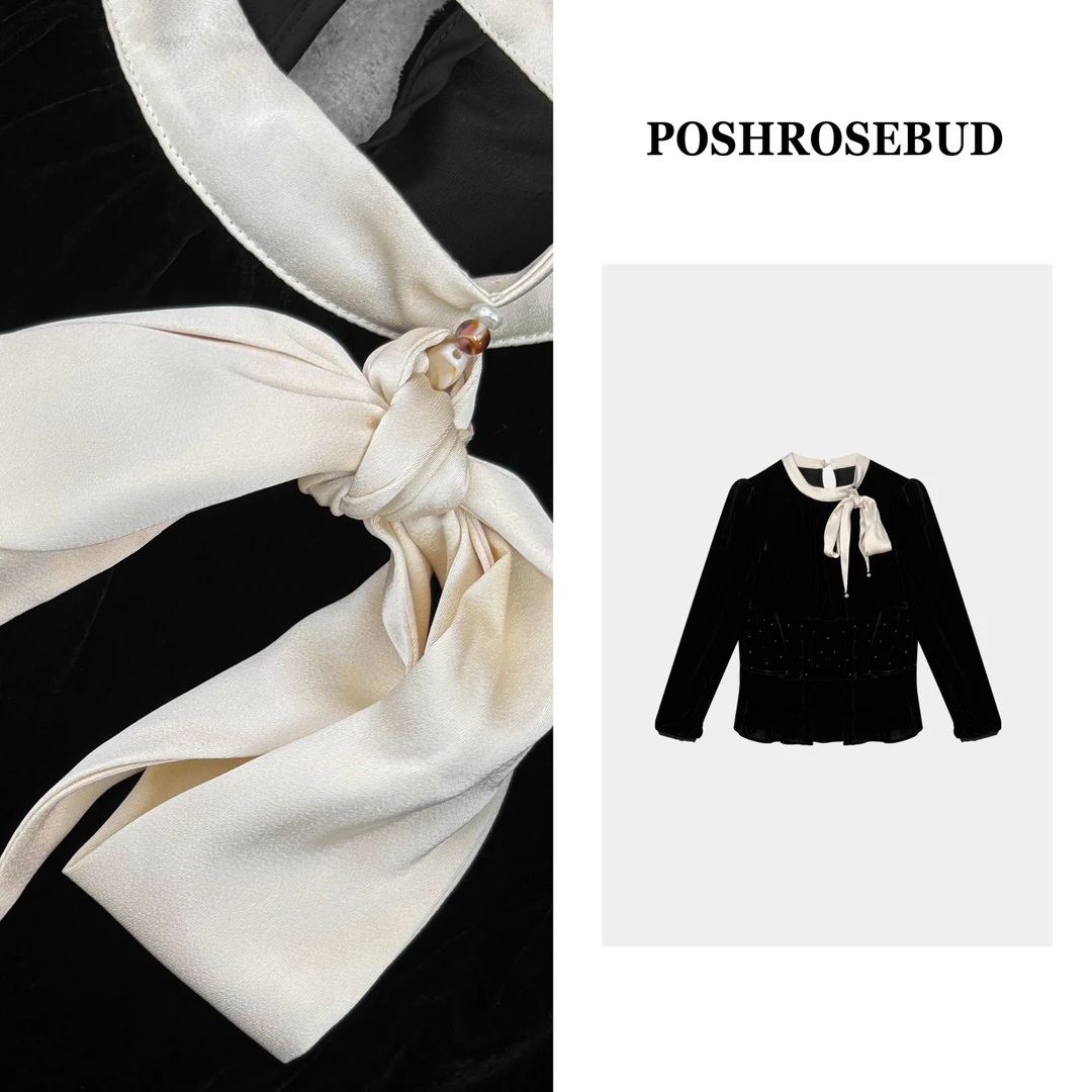 POSHROSEBUD设计师秋季蝴蝶结撞色双层下摆气质丝绒上衣衫-259156