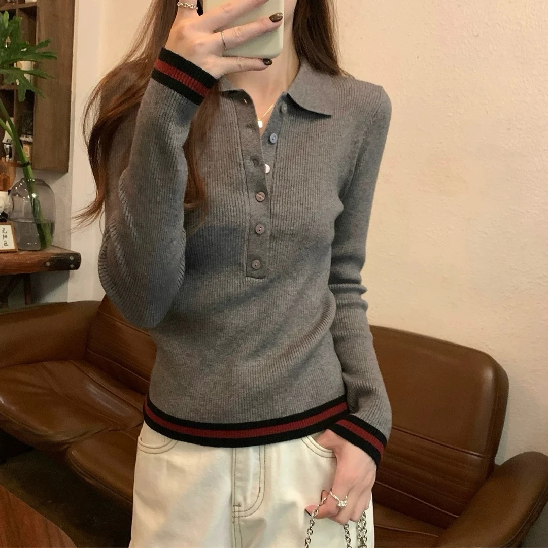 2025高级感半开扣翻领套头长袖针织衫秋季洋气撞色拼接设计感毛衣