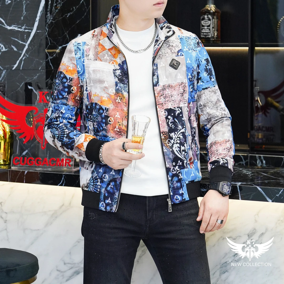 2025秋季新款男士潮牌时尚夹克数码印花网红帅气立领薄款修身外套
