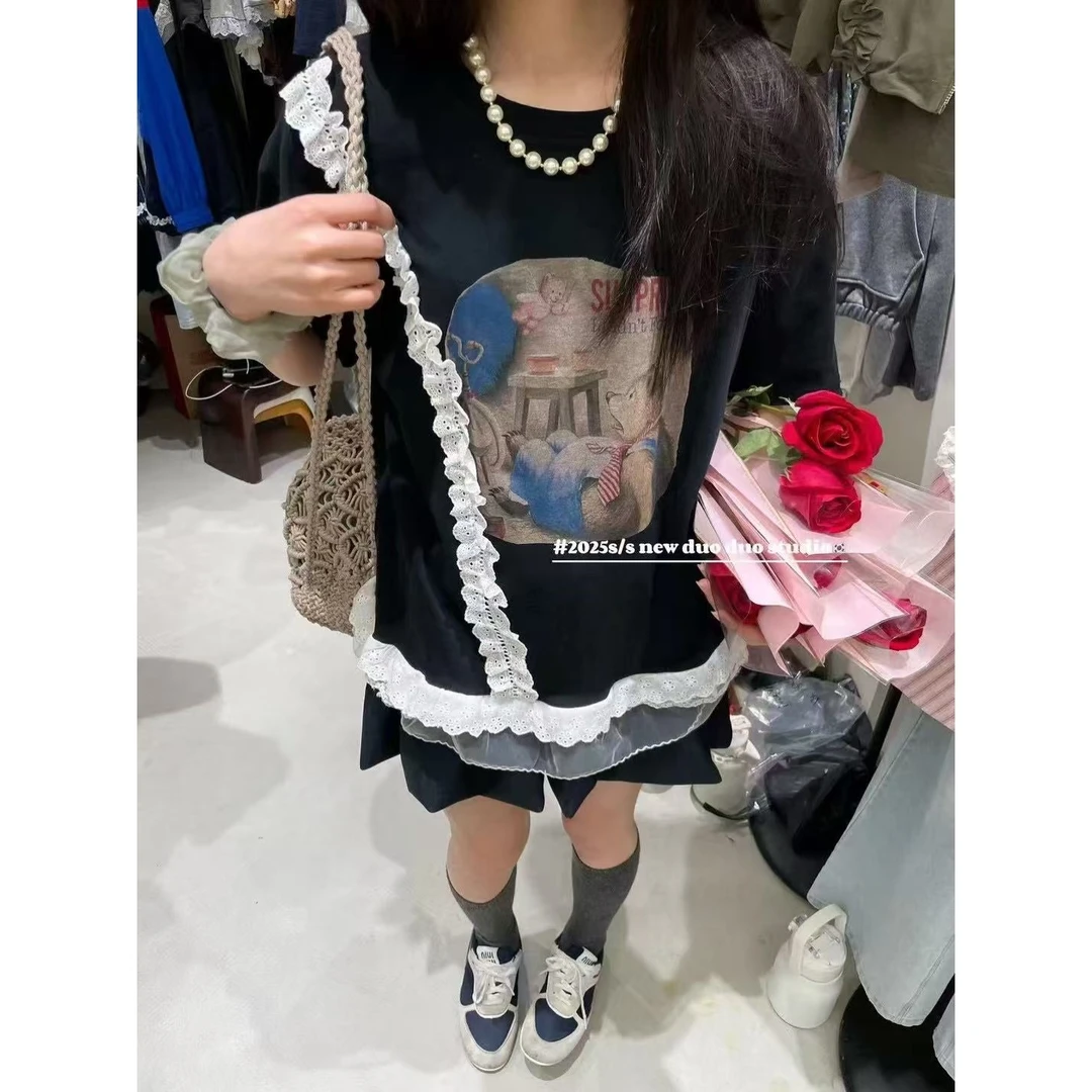 韩国INS时尚印花拼接蕾丝花边T恤
