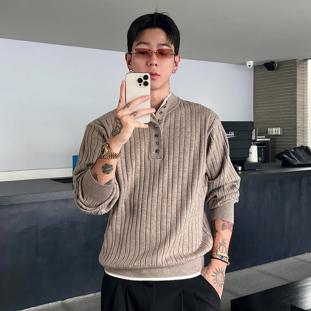 OXFREAK「亨利领 软糯肌理」老钱风假两件毛衣男秋冬慵懒感针织衫