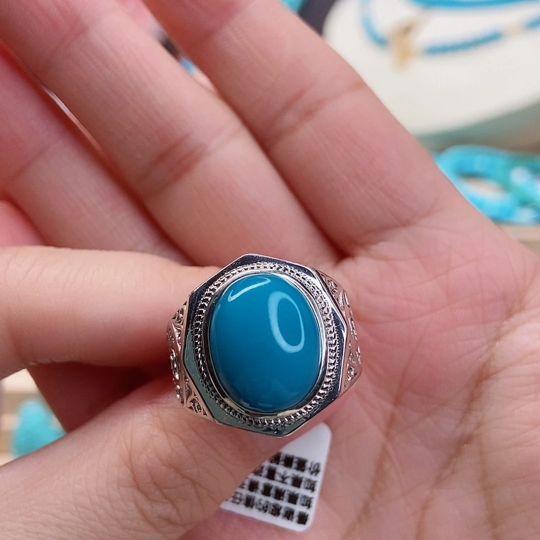 绿松石银S925镶嵌高瓷玉化蓝蛋面女戒