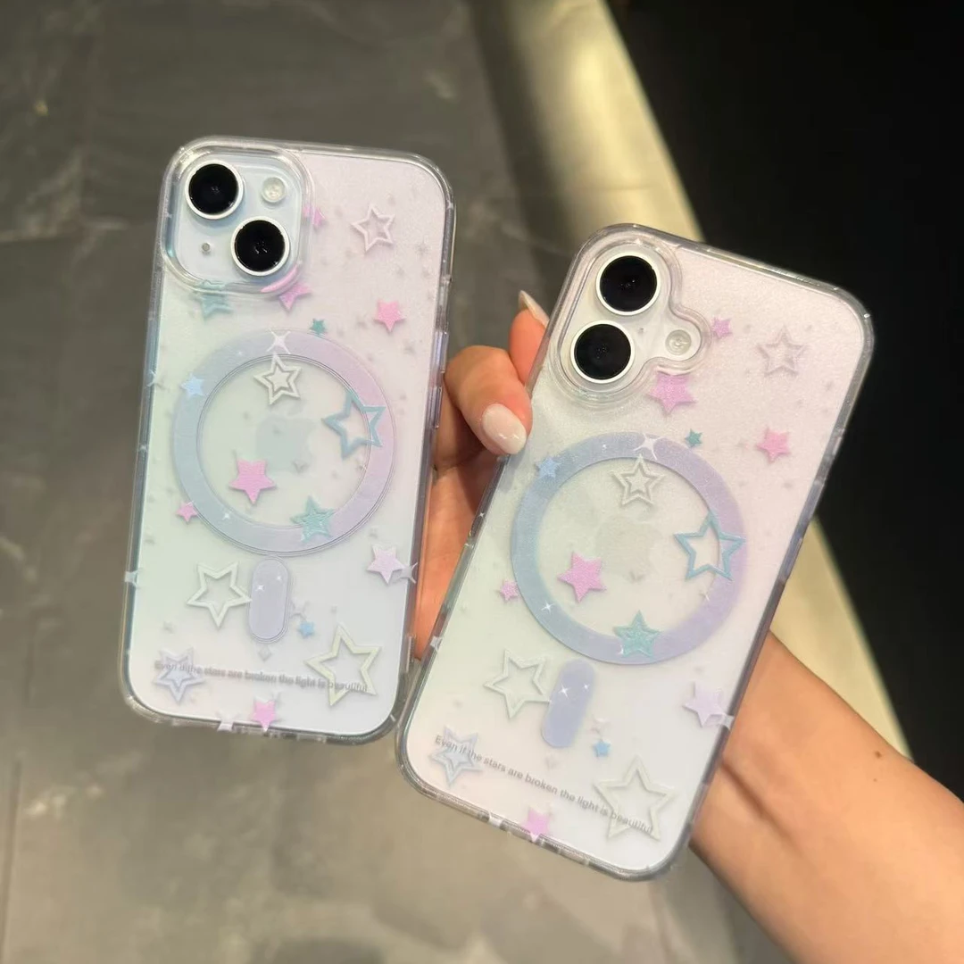 粉蓝边星星适用于苹果15手机壳12/13/14Pro卡通iPhone16/INS风15