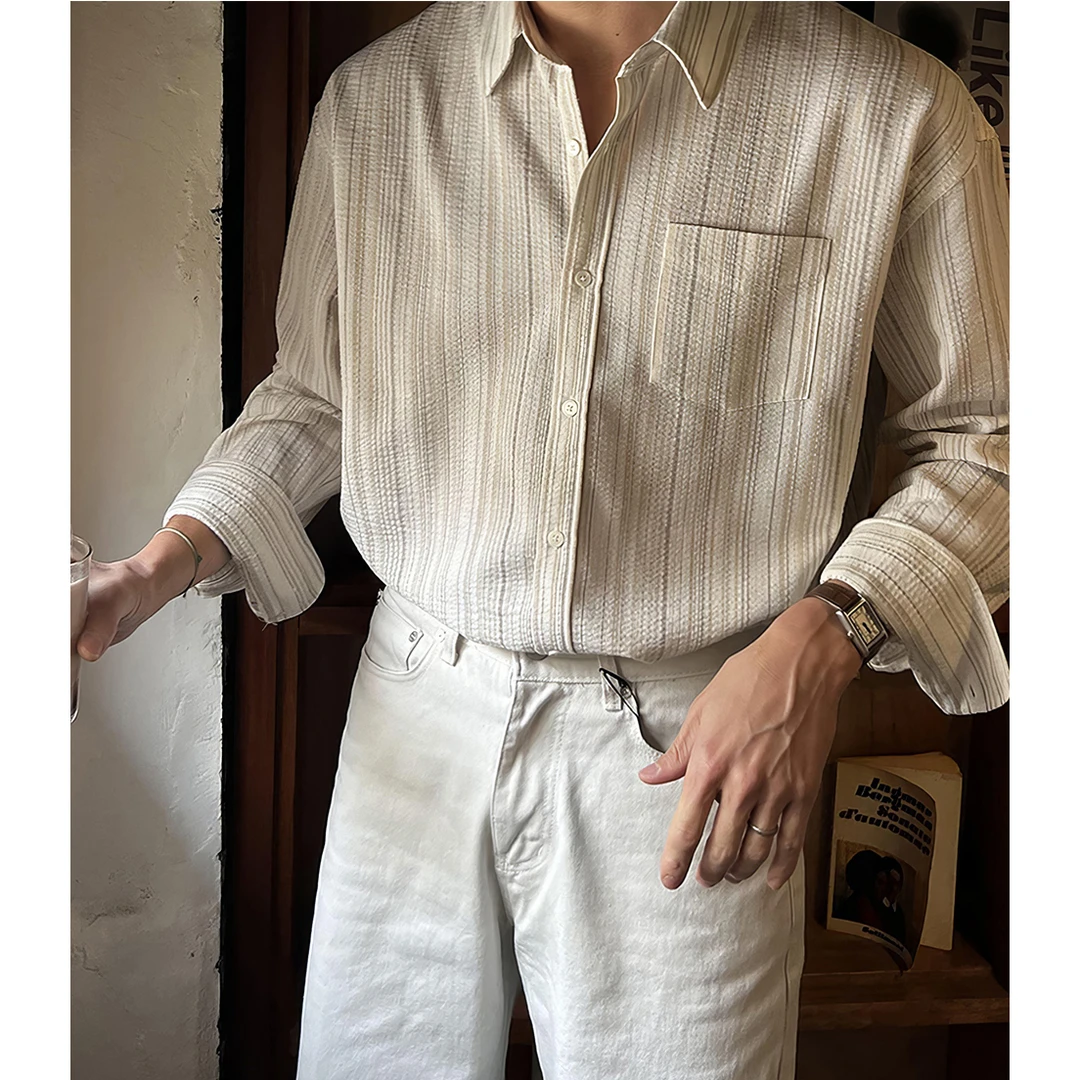 条纹长袖衬衫男士早秋韩版高品质纹理感小众设计休闲免烫垂感衬衣