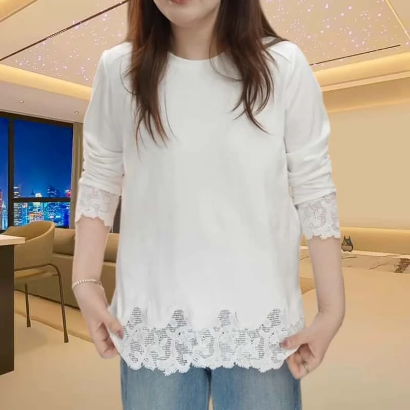 春季长袖韩系蕾丝提花上衣女士2025休闲气质宽松圆领拼接开叉卫衣