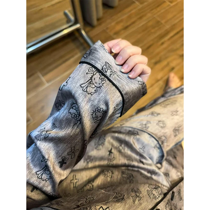春秋季冰丝长袖睡衣女款可爱HelloKitty高级灰家居服夏天薄款套装