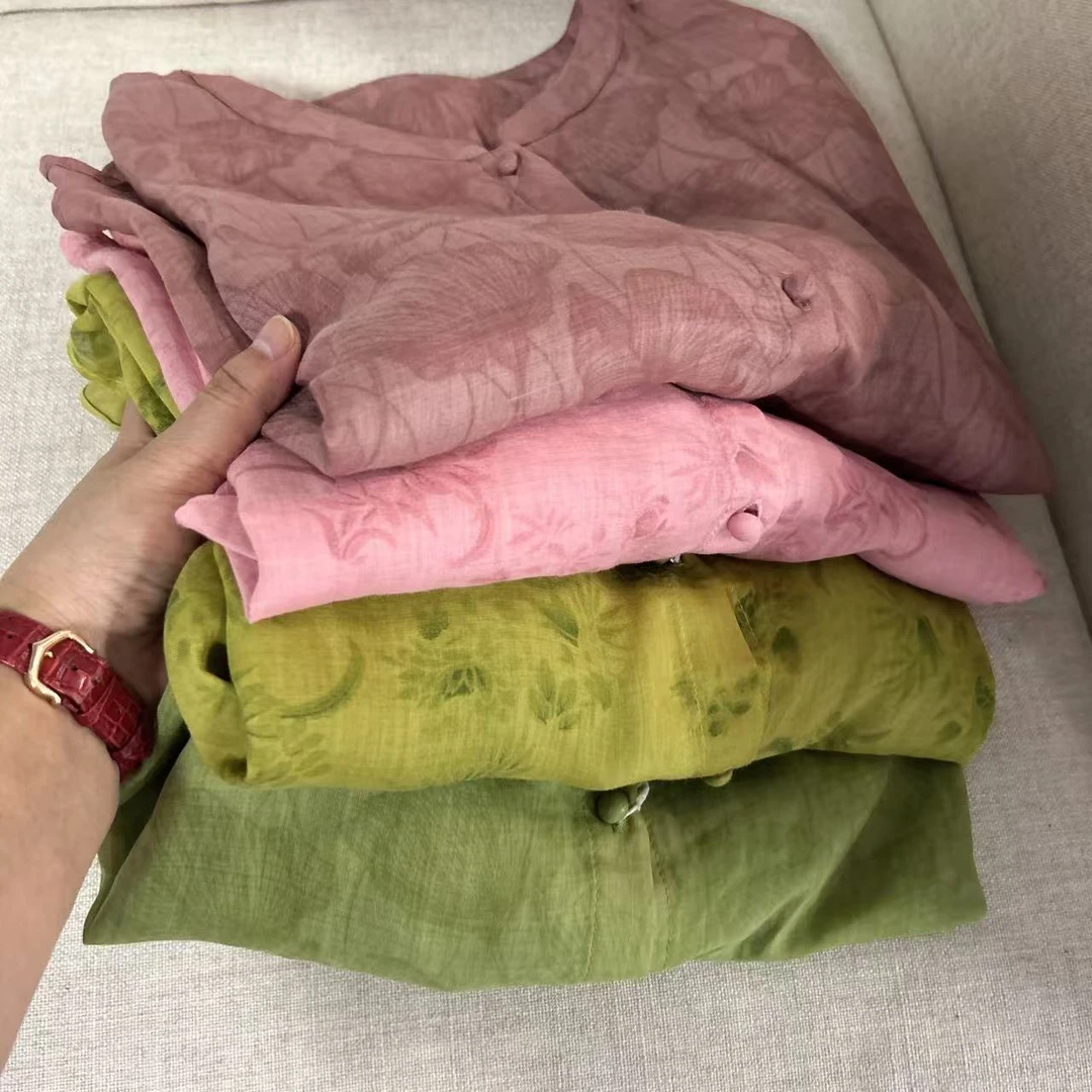 女士银杏叶苎麻印花衬衫实数