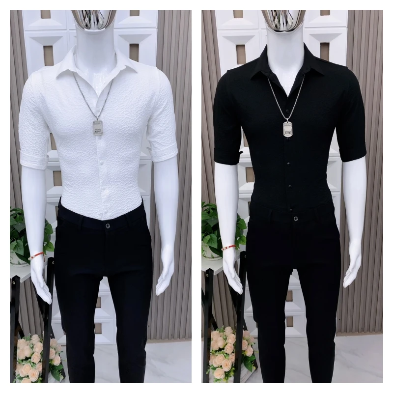 男士气质中袖新款衬衫时尚潮流新款中袖气质衬衫修身时尚百搭款