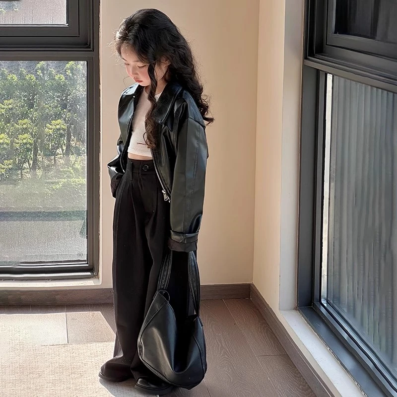 女童春秋外套2025新款儿童秋装洋气夹克潮酷女孩韩系黑色皮衣套装