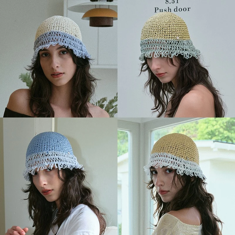 xinxinz/芯心子少女感冰淇淋色系刘海草帽冷帽小众设计流苏拼接帽