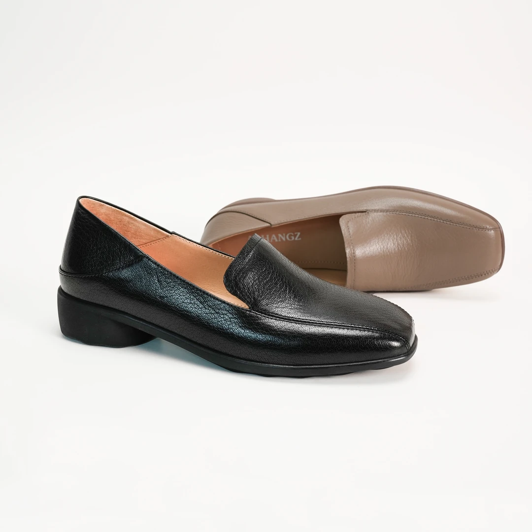 3厘米跟高春季新款单鞋舒适时尚休闲女士真皮粗跟方头中跟