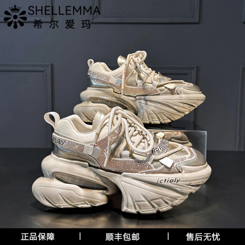 希尔爱玛2025新款轻奢鞋子厚底增高老爹鞋女新款港风水钻运动鞋女