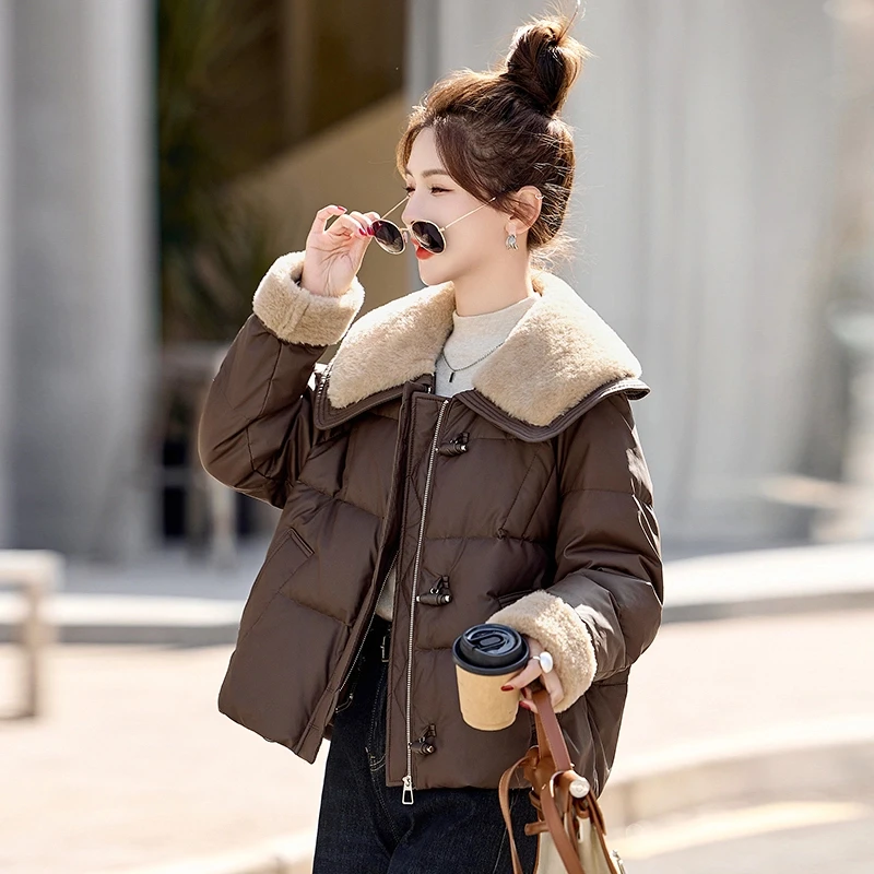 小个子时尚气质韩版大翻领毛绒拼接洋气减龄短款保暖羽绒服外套