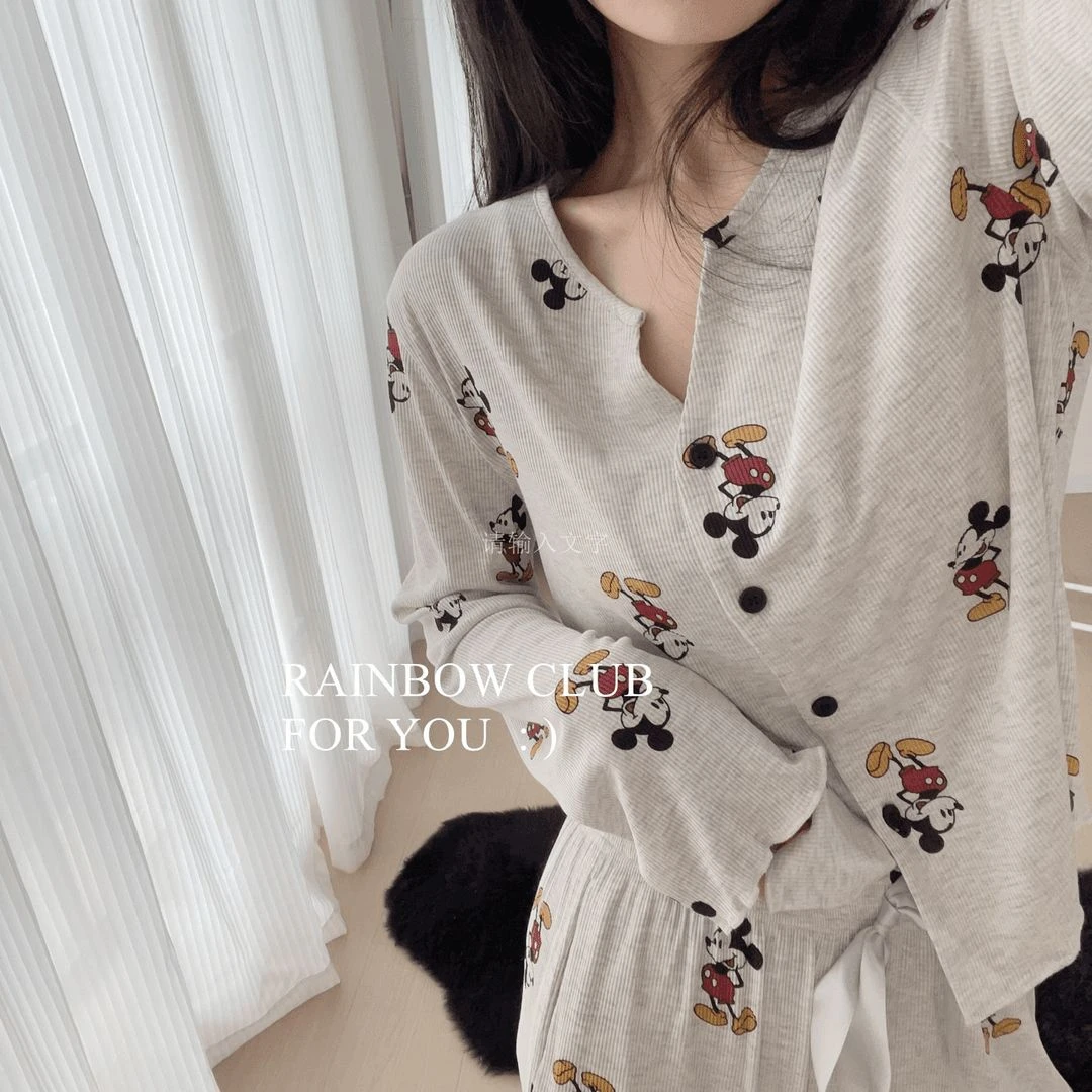 莫代尔春秋米奇螺纹睡衣女春秋季大码长袖宽松卡通长袖长裤家居服