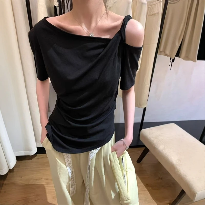 黑色一字领斜肩短袖T恤女夏季修身显瘦独特漂亮掐腰露肩休闲上衣