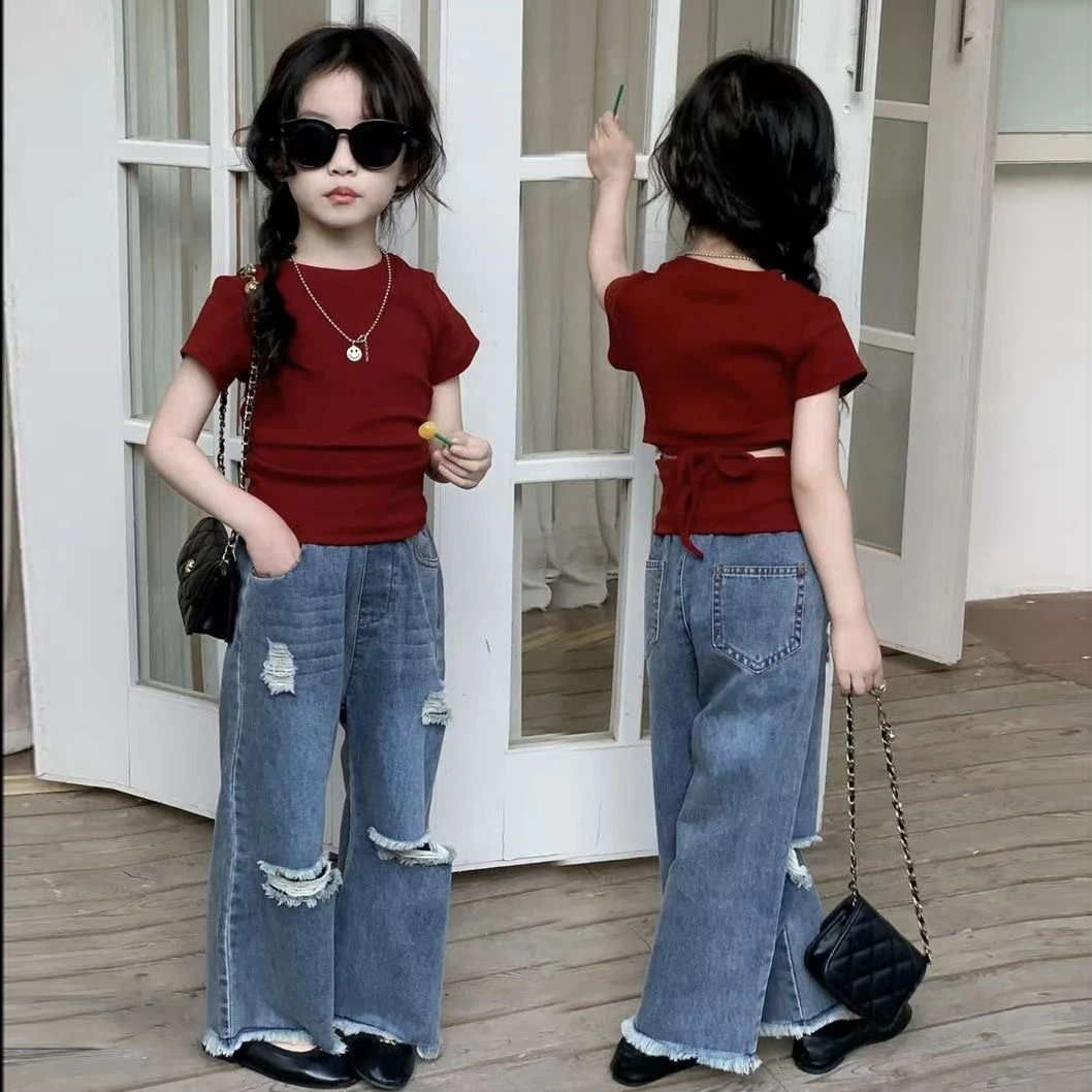 女童短袖套装2025儿童夏季新款洋气T恤女孩韩版破洞牛仔裤两件套