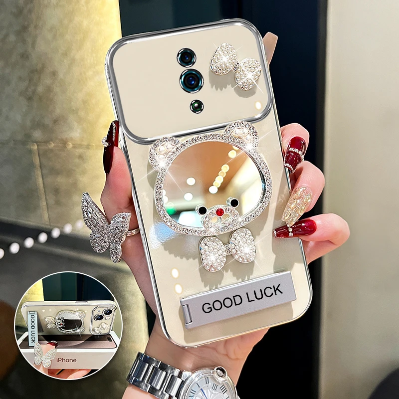 适用oppoReno领结熊补妆镜大视窗手机壳创意电镀防摔网红女款