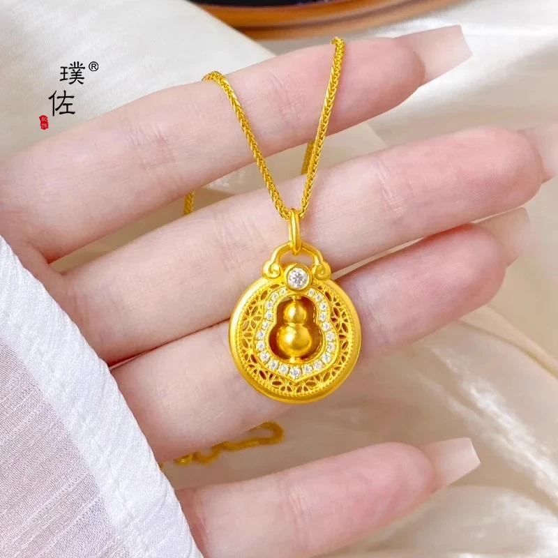 铜合金项链 同款diy配件镶锆镂空可旋转葫芦吊坠项链福禄锁骨链