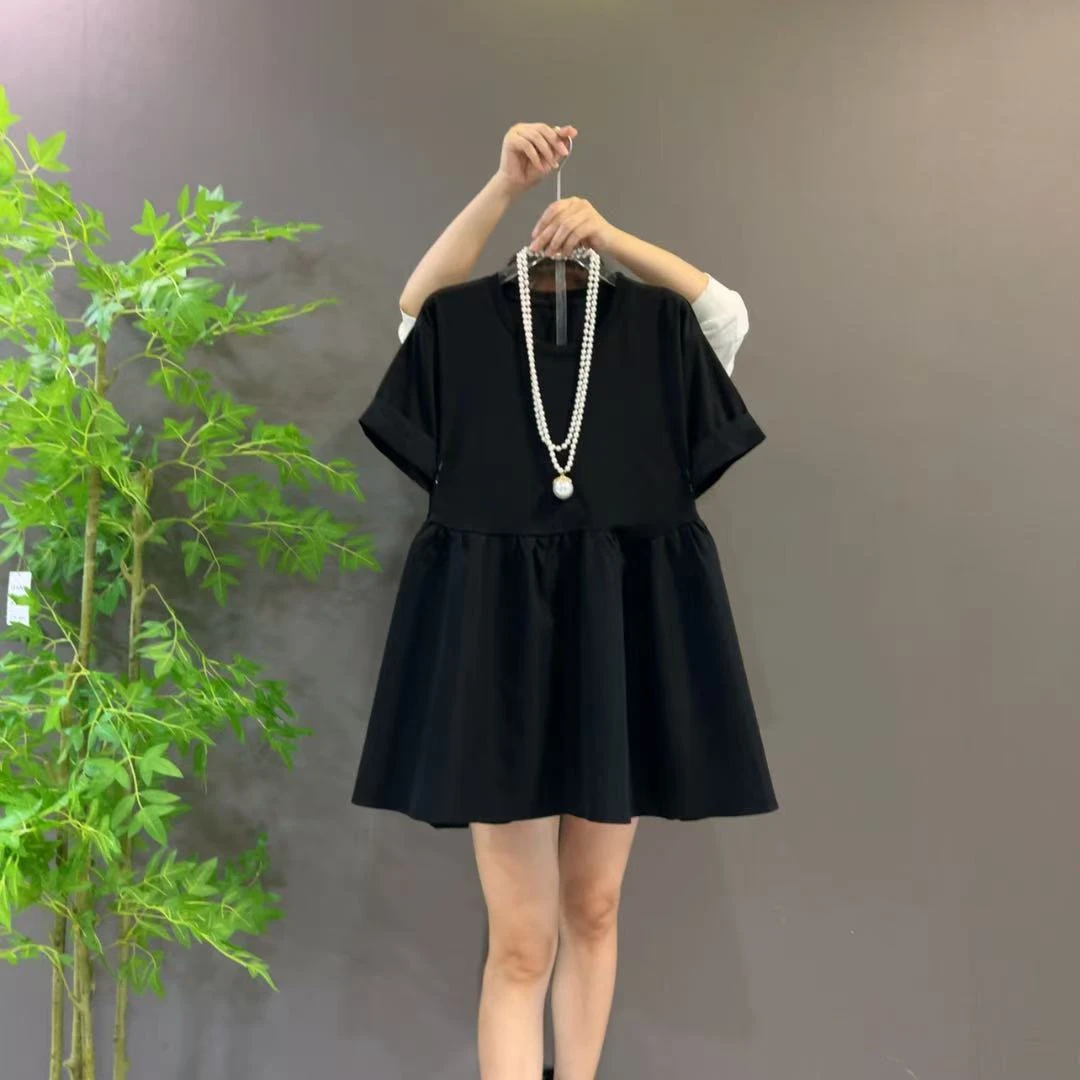 25025新款圆领捏褶拼接短袖纯色T恤纯色娃娃衫宽松大码女装潮流